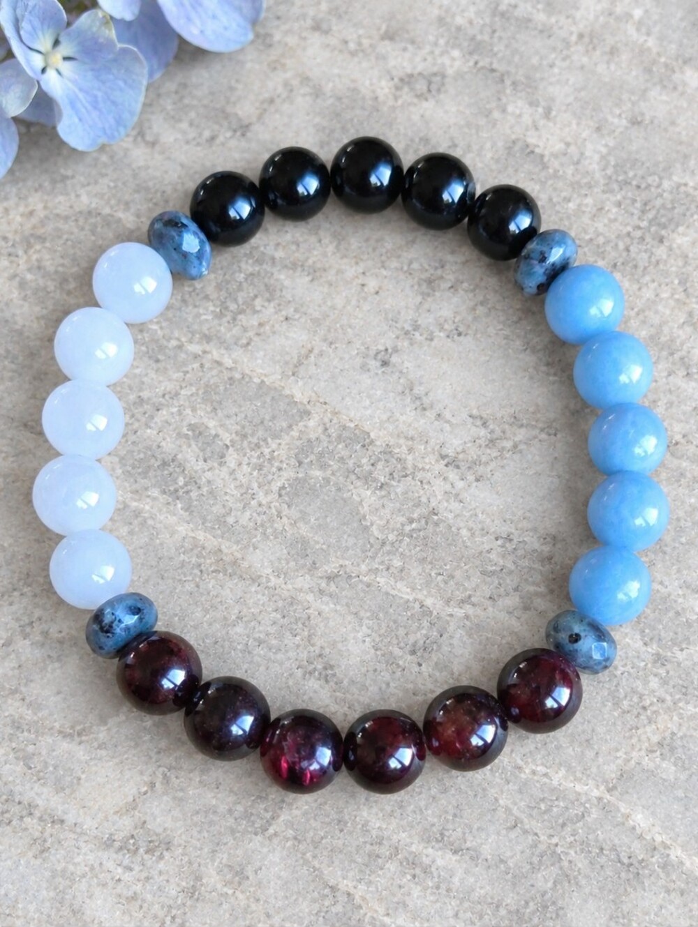 Black Onyx, Garnet, Blue Angelite & White Jade Bead Stretch Bracelet | Handmade